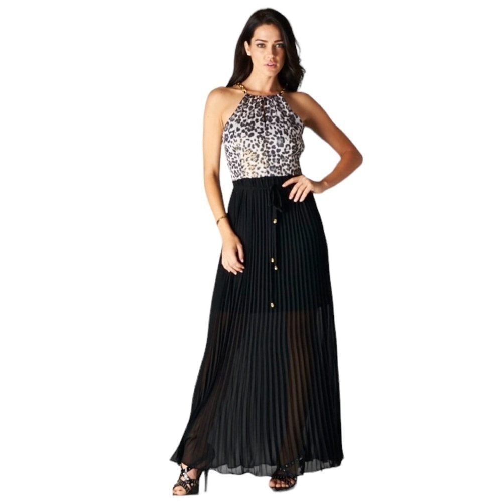 MARINEBLU Brown Animal Print Halter Sheer Maxi Dress Size S